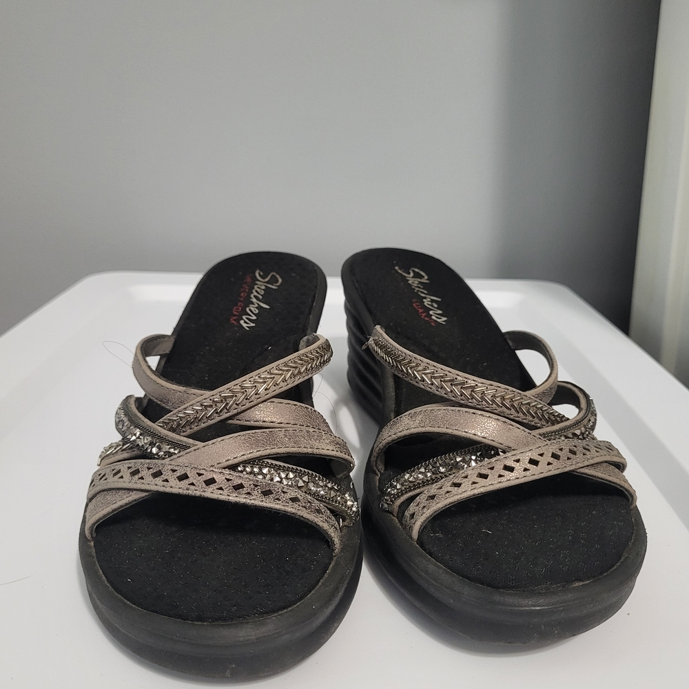 Skechers Women's Black and Silver Wedge Sandals